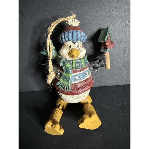 Vintage Carved Resin Penguin Ornament Articulated Faux Wood Whimsy Holiday Decor - Picture 1 of 4